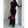 imageMilumia Womens Tie Dye Mesh Bodycon Dresses Floral Long Sleeve Maxi Dresses Cocktail PartyBlack