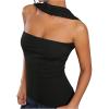 imageMilumia Women Ruched Strapless Halter Tube Top Open Back Slim Fit Bandeau ShirtsBlack