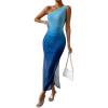 imageMilumia Womens Bodycon Sleeveless Midi Dress Ombre Ruched Mesh One Shoulder DressesBlue