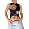 imageMilumia Womens Mock Neck Floral Mesh Top Y2k Sleeveless Ruched Tank Tops Going OutOrange Multi
