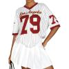 imageMilumia Womens Number Striped Print V Neck Half Sleeve Oversized Jersey TShirtRed