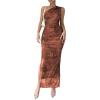 imageMilumia Womens Printed One Shoulder Bodycon Dresses Sleeveless Asymmetrical Neck Ruched Slit Maxi DressBrown
