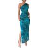 imageMilumia Womens Printed One Shoulder Bodycon Dresses Sleeveless Asymmetrical Neck Ruched Slit Maxi DressGreen