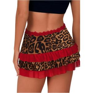 imageMilumia Women Leopard Print Low Rise Mini Skirt Y2k Contrast Mesh Layered SkirtsBrown and Red