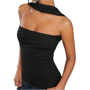 imageMilumia Women Ruched Strapless Halter Tube Top Open Back Slim Fit Bandeau ShirtsBlack