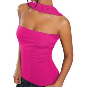imageMilumia Women Ruched Strapless Halter Tube Top Open Back Slim Fit Bandeau ShirtsHot Pink