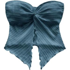 imageMilumia Women Strapless Twist Front Textured Lettuce Trim Slit Hem Crop Tube TopBlue