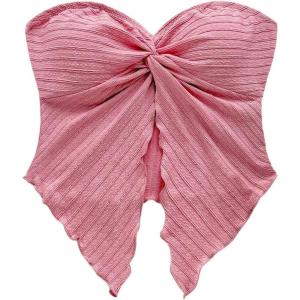 imageMilumia Women Strapless Twist Front Textured Lettuce Trim Slit Hem Crop Tube TopDusty Pink