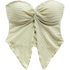 imageMilumia Women Strapless Twist Front Textured Lettuce Trim Slit Hem Crop Tube TopLight Green