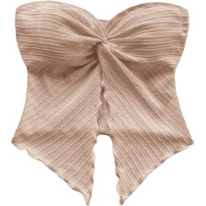 imageMilumia Women Strapless Twist Front Textured Lettuce Trim Slit Hem Crop Tube TopLight Pink