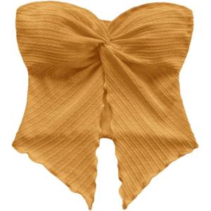 imageMilumia Women Strapless Twist Front Textured Lettuce Trim Slit Hem Crop Tube TopOrange