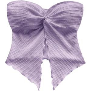 imageMilumia Women Strapless Twist Front Textured Lettuce Trim Slit Hem Crop Tube TopPurple