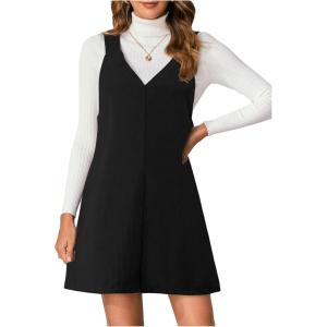 imageMilumia Women V Neck Corduroy Overall Dress 2025 Fall Mini Pinafore Jumper DressA Black Solid