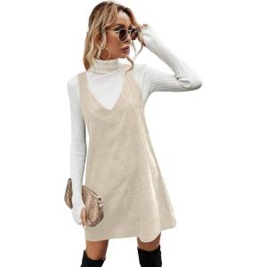 imageMilumia Women V Neck Corduroy Overall Dress 2025 Fall Mini Pinafore Jumper DressApricot Solid
