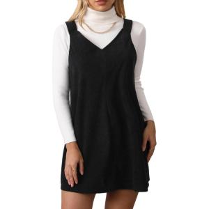imageMilumia Women V Neck Corduroy Overall Dress 2025 Fall Mini Pinafore Jumper DressBlack Plain