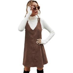 imageMilumia Women V Neck Corduroy Overall Dress 2025 Fall Mini Pinafore Jumper DressBrown