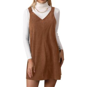 imageMilumia Women V Neck Corduroy Overall Dress 2025 Fall Mini Pinafore Jumper DressCoffee
