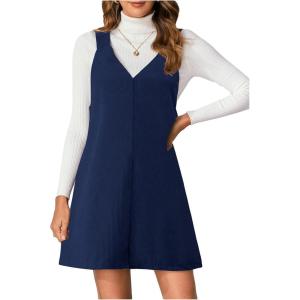 imageMilumia Women V Neck Corduroy Overall Dress 2025 Fall Mini Pinafore Jumper DressDark Blue