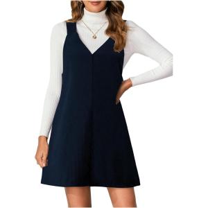 imageMilumia Women V Neck Corduroy Overall Dress 2025 Fall Mini Pinafore Jumper DressDeep Blue