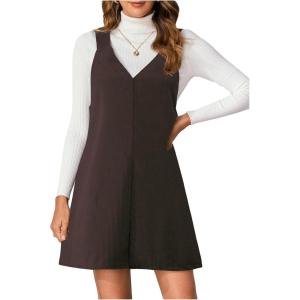 imageMilumia Women V Neck Corduroy Overall Dress 2025 Fall Mini Pinafore Jumper DressDeep Brown
