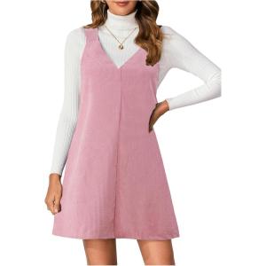 imageMilumia Women V Neck Corduroy Overall Dress 2025 Fall Mini Pinafore Jumper DressDusty Pink