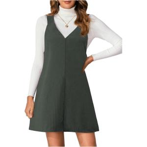 imageMilumia Women V Neck Corduroy Overall Dress 2025 Fall Mini Pinafore Jumper DressGreen