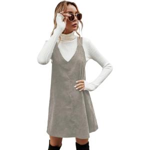 imageMilumia Women V Neck Corduroy Overall Dress 2025 Fall Mini Pinafore Jumper DressLight Grey Plain