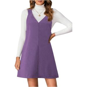imageMilumia Women V Neck Corduroy Overall Dress 2025 Fall Mini Pinafore Jumper DressMauve Purple