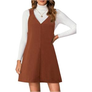 imageMilumia Women V Neck Corduroy Overall Dress 2025 Fall Mini Pinafore Jumper DressOrange