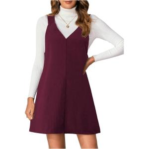 imageMilumia Women V Neck Corduroy Overall Dress 2025 Fall Mini Pinafore Jumper DressRed