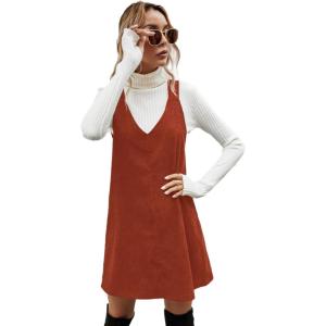 imageMilumia Women V Neck Corduroy Overall Dress 2025 Fall Mini Pinafore Jumper DressRust