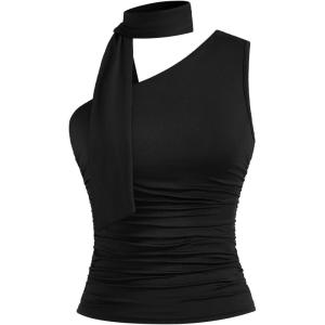 imageMilumia Women Y2K Going Out Club Rave Halter Scarf Top Shirt Ruched Sleeveless Off One Shouler Tank TopBlack