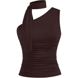 imageMilumia Women Y2K Going Out Club Rave Halter Scarf Top Shirt Ruched Sleeveless Off One Shouler Tank TopBrown