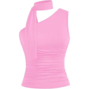 imageMilumia Women Y2K Going Out Club Rave Halter Scarf Top Shirt Ruched Sleeveless Off One Shouler Tank TopPink