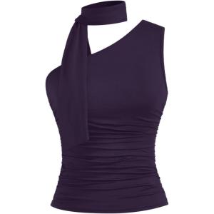 imageMilumia Women Y2K Going Out Club Rave Halter Scarf Top Shirt Ruched Sleeveless Off One Shouler Tank TopPurple