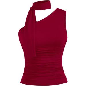 imageMilumia Women Y2K Going Out Club Rave Halter Scarf Top Shirt Ruched Sleeveless Off One Shouler Tank TopRed
