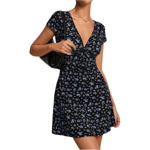 imageMilumia Womens Boho Disty Floral Mini Dress Deep V Neck Short Sleeve A Line Short DressDark Blue