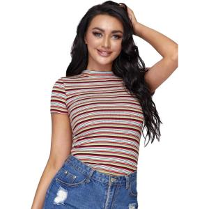 imageMilumia Womens Casual Multi Striped Ribbed Short Sleeve Solid Tee Knit TopMulticolor Black and Yellow
