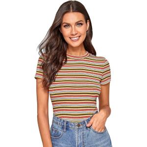 imageMilumia Womens Casual Multi Striped Ribbed Short Sleeve Solid Tee Knit TopMulticolor Green and Yellow