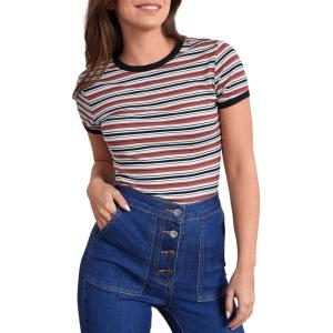 imageMilumia Womens Casual Multi Striped Ribbed Short Sleeve Solid Tee Knit TopRed Black and White