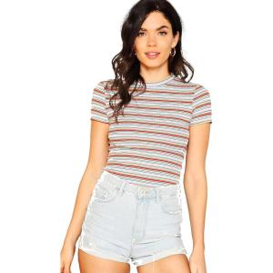imageMilumia Womens Casual Multi Striped Ribbed Short Sleeve Solid Tee Knit TopRed and White