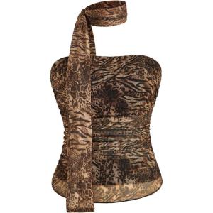 imageMilumia Womens Cheetah Print Tube Tops Y2k Strapless Mesh Bandeau Top with Scarf Going Out Club RaveBrown