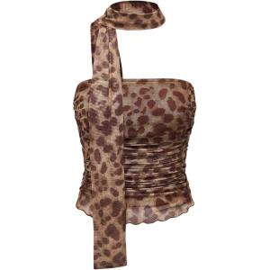 imageMilumia Womens Cheetah Print Tube Tops Y2k Strapless Mesh Bandeau Top with Scarf Going Out Club RaveCoffee Brown Brwon