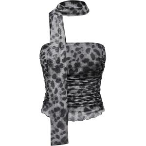 imageMilumia Womens Cheetah Print Tube Tops Y2k Strapless Mesh Bandeau Top with Scarf Going Out Club RaveLight Black