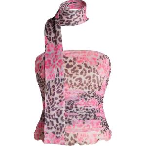imageMilumia Womens Cheetah Print Tube Tops Y2k Strapless Mesh Bandeau Top with Scarf Going Out Club RavePink and Brown