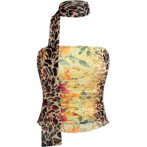 imageMilumia Womens Cheetah Print Tube Tops Y2k Strapless Mesh Bandeau Top with Scarf Going Out Club RaveYellow and Brown