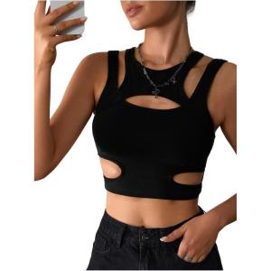 imageMilumia Womens Cut Out Tank Top Sexy Fitted Crop Tops Rave Club Going OutBlack