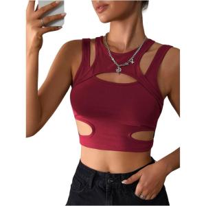 imageMilumia Womens Cut Out Tank Top Sexy Fitted Crop Tops Rave Club Going OutBurgundy