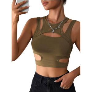 imageMilumia Womens Cut Out Tank Top Sexy Fitted Crop Tops Rave Club Going OutDark Green