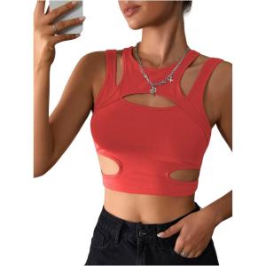 imageMilumia Womens Cut Out Tank Top Sexy Fitted Crop Tops Rave Club Going OutRed